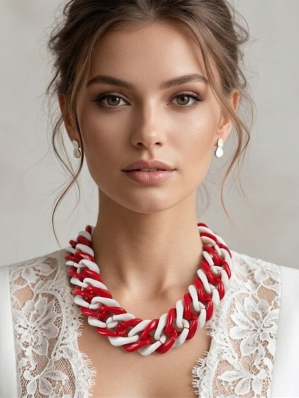 ​Vintage 80s Chunky Red & White Interlocking Curb Link Acrylic Bib Necklace